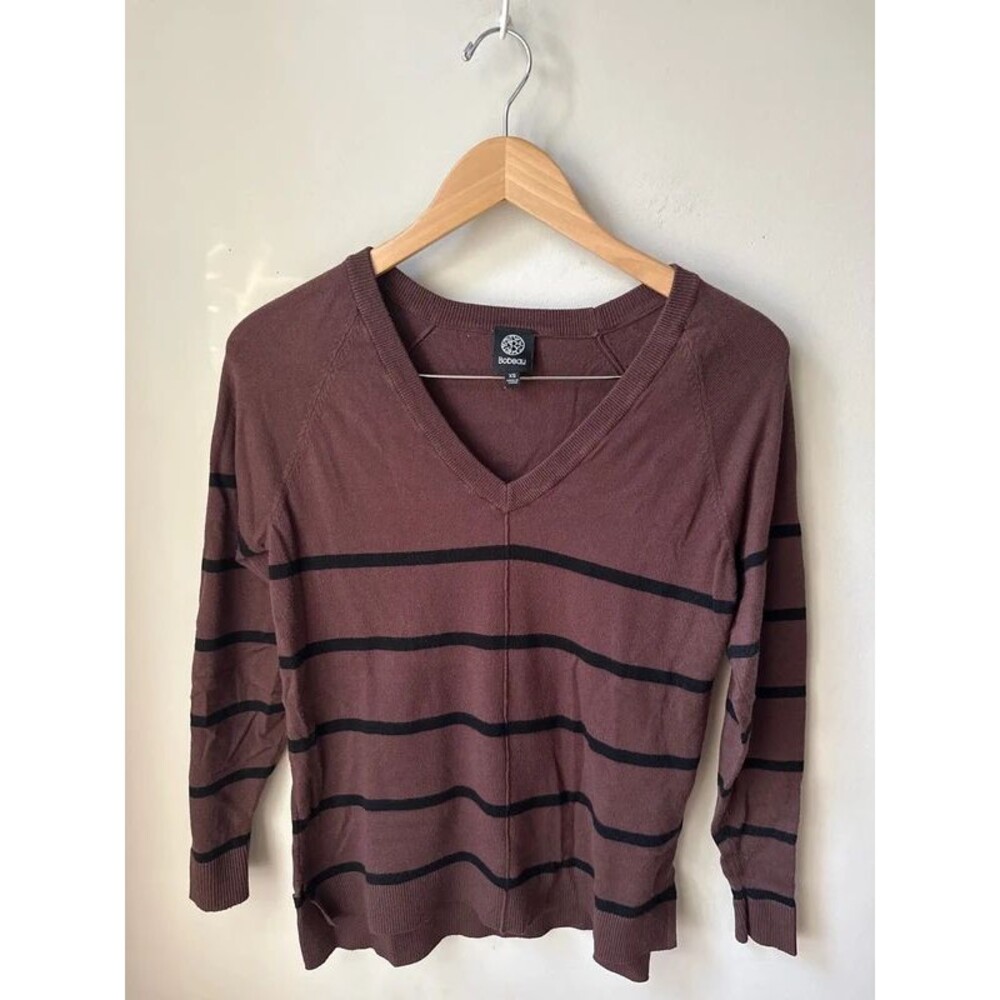 Bobeau Mauve Black Stripe V-Neck Sweater XS